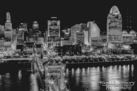 Cincinnati Skyline, Night Cityscape 3, B&W